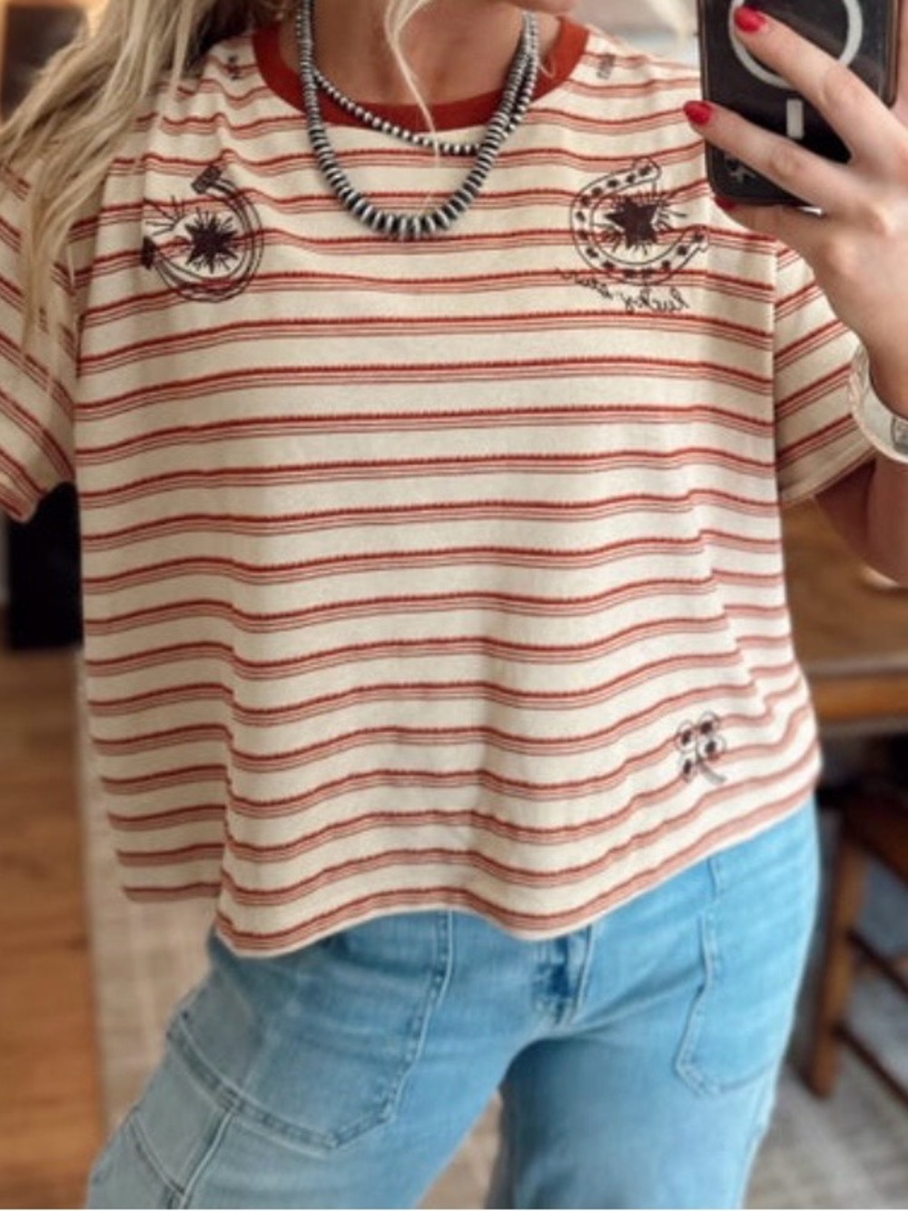 Striped Crewneck Short-Sleeve Tee in Rust/Cream